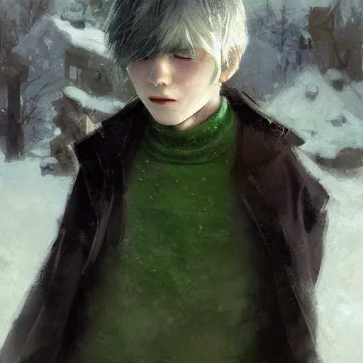 Image similar to a 14 year old teenage boy ghost with white hair and green eyes. White breath showing in the cold air. He is shivering from the cold. Sakimichan Repin. By Craig Mullins