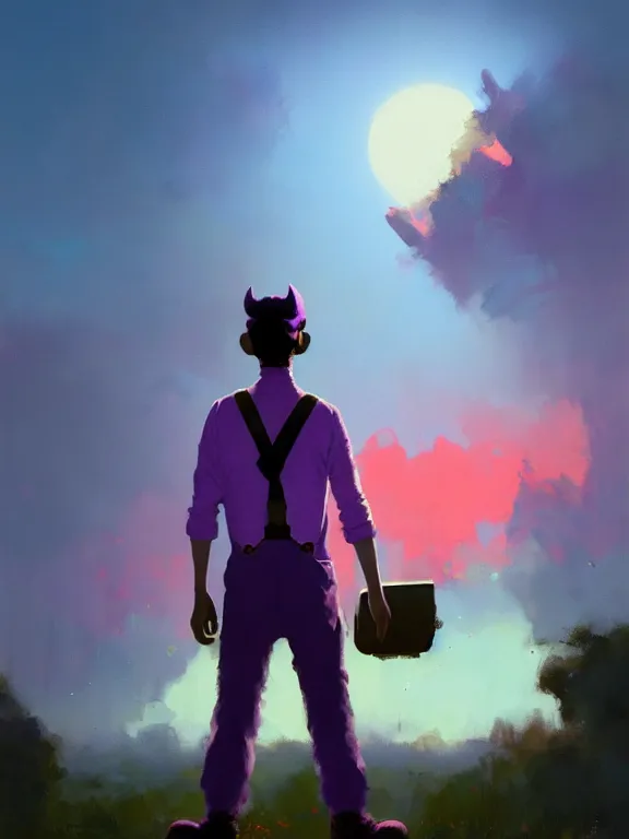 Image similar to A movie still portrait of Waluigi outside wearing purple suspenders staring out the window while Mario delivers his food on a tray while wearing a Red suspenders outfit. Sunlight from the morning foreground sky by ismail inceoglu, craig mullins, can basdogan, frank frazetta, mike franchina, ariel perez, bar tosz domiczek, iain mccaig, Breath of the wild, studio ghibli
