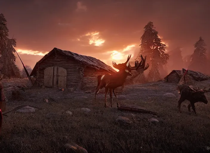 Prompt: a viking guiding a moose through an abandoned viking village, burnt huts, bodies on the ground, dramatic dramatic lighting, dawn, by caspar david friedrich, unreal engine 5