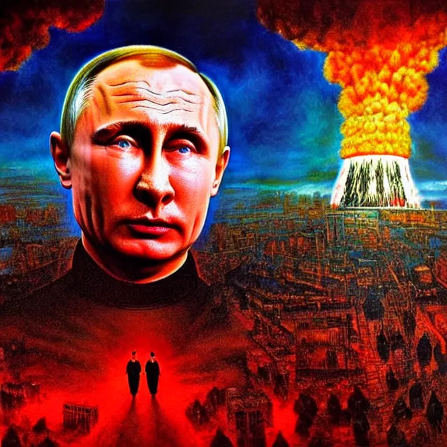 Prompt: scared face of putin looking in nuclear explotion in moscow, hyper - realistic, sharp focus, depth of field, hyper - detailed visionary art, symmetric, hell, holy halo, dramatic ambient lighting, high detail, vibrant colors,