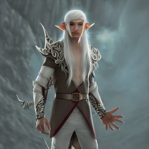 Image similar to a highly detailed male elf in full length, with white long hair, white clothes, bright blue eyes, artstation, DeviantArt, professional, octane render