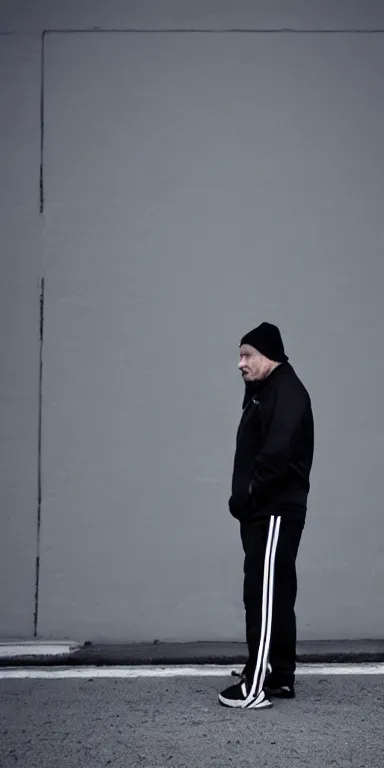 Image similar to sad russian middle aged man in black jacket and white Adidas pants. extreme long shot. amateur photo
