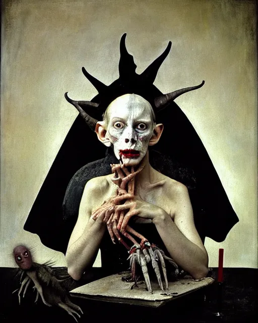 Prompt: a close up portrait of the devil with a blank cold expression, by joel peter witkin and hieronymus bosch and annie liebovitz, very pale skin, very blurry, translucent white skin, foggy, oil painting, photorealistic, anatomically correct, beautiful perfect face, visible brushstrokes, sharp focus, highly detailed, cinematic lighting, 8 k, hd