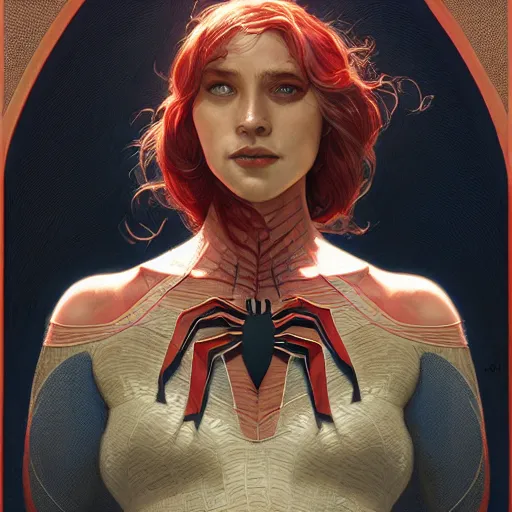 Image similar to Beautiful portrait of spiderman, wide angle, intricate, wild, highly detailed, digital painting, artstation, concept art, smooth, sharp focus, illustration, art by artgerm and greg rutkowski and alphonse mucha - W 768