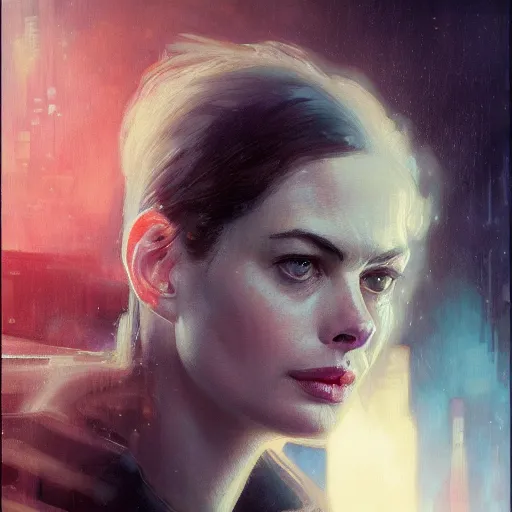 Image similar to ann hathaway, hyperrealistic portrait, bladerunner street, art of elysium by jeremy mann and alphonse mucha, fantasy art, photo realistic, dynamic lighting, artstation, poster, volumetric lighting, very detailed face, 4 k, award winning, cinematic lighting