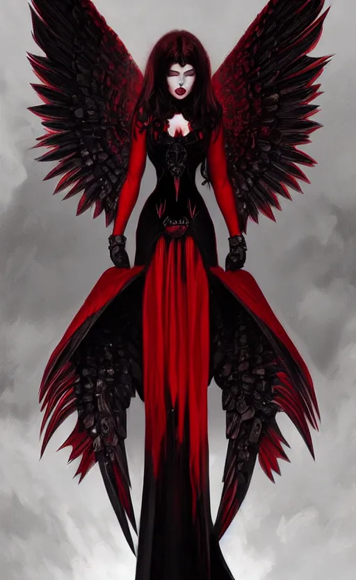 Image similar to Female dark angel in gothic red and black dress, their black wings are extended, highly detailed, digital painting, artstation, concept art, smooth, sharp focus, illustration, art by artgerm and greg rutkowski and alphonse mucha