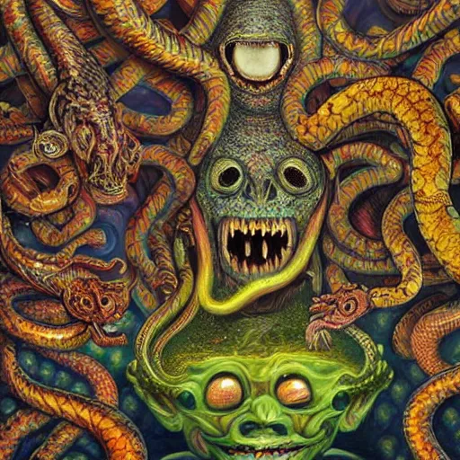 Image similar to a hyper - detailed high painting of giant heads joined by snakes, the heads are open they have spiked scales and sharp teeth, the mouth is open and monstrous beings of all kinds run and scream, psychedelic horror surreal art cosmic horror weird bizarre art