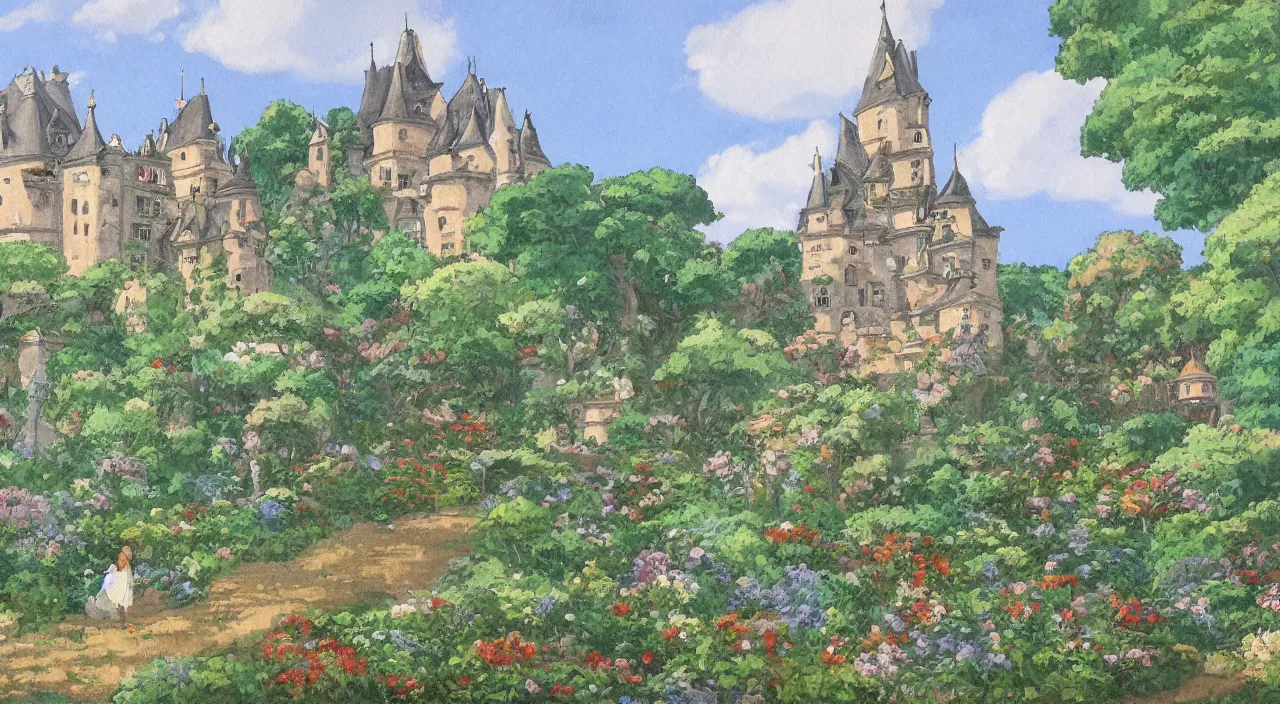 Prompt: a landscape painting of a French castle, with a garden, by Studio Ghibli