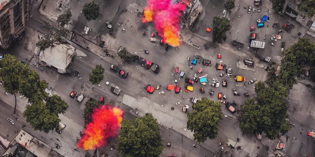 Image similar to post - apocalyptic kreuzberg streets covered in colorful smoke, burned cars, explosions, hyperrealistic, gritty, damaged, drone photography, photorealistic, high details