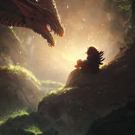 Image similar to a dwarf and a dragon drinking a beer | fantasy art | gapmoe kuudere moody lighting stunning bokeh highlights sharp contrast | trending pixiv fanbox | by greg rutkowski makoto shinkai takashi takeuchi studio ghibli