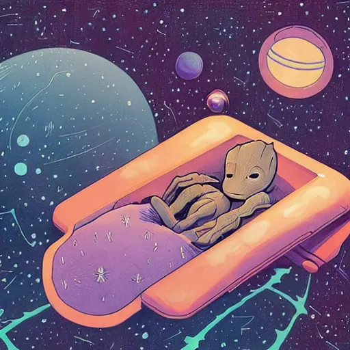 Prompt: baby groot lies flat in bed the space ship, by victo ngai