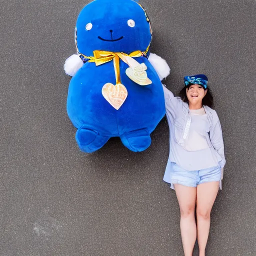 Image similar to blue'snappy gifts'human - sized plush doll, on sidewalk, holding gift, happy atmosphere, high detail, soft lighting, 8 k