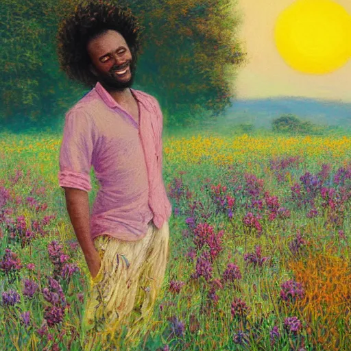 Image similar to an east african man with curly hair in a vast field of flowers, looking off into the sunset, relaxing, wide shot, golden hour, vintage, impressionist painting, fine art, oil painting, dreamy, pastel, laughing, happy, intricate details, sharp, peaceful, serene