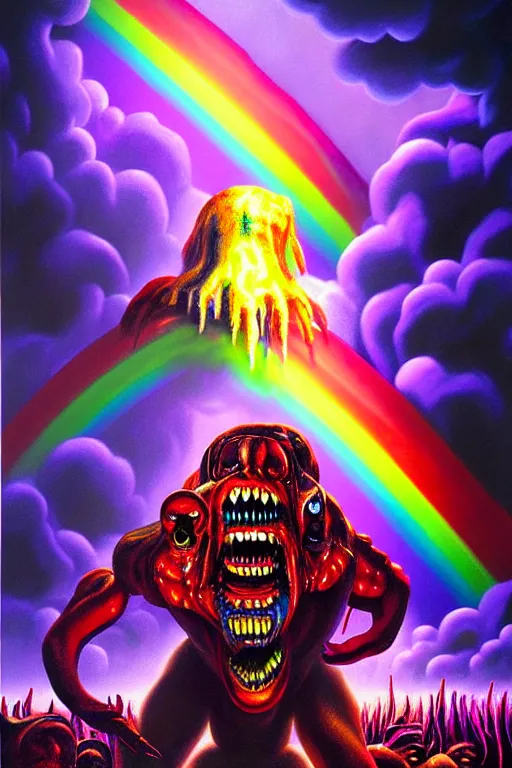 Image similar to a hyperrealistic painting of a boss fight against evil rainbow bright, cinematic horror by chris cunningham, lisa frank, richard corben, highly detailed, vivid color,