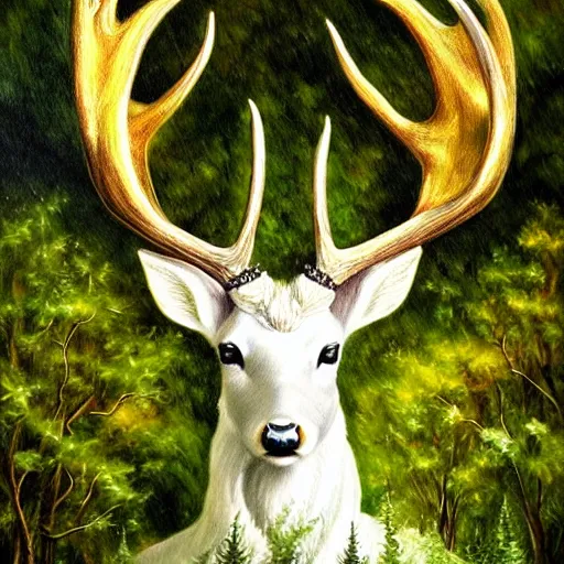 Prompt: bright white stag with golden antlers in a dense green forest, high fantasy, oil painting, extreme detail vibrant colours W- 1280