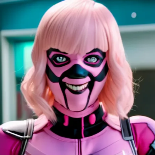 Image similar to A still of Gwenpool in Deadpool 3 (2023), blonde hair with pink highlights, no mask, white and light-pink outfit, smiling and winking at the camera