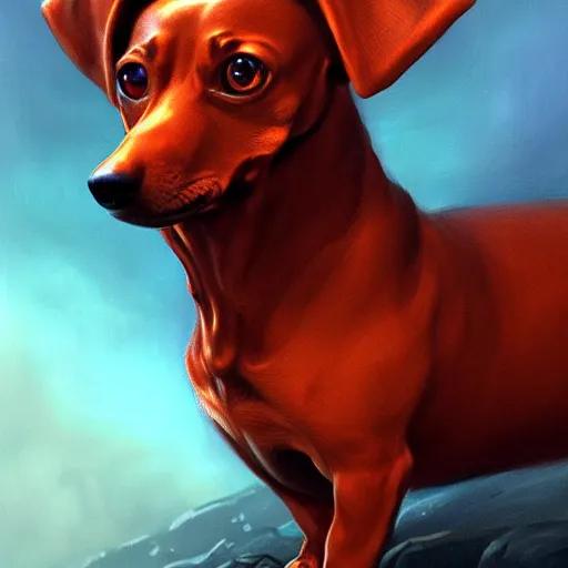 Image similar to a portrait of a fire elemental dachshund, fantasy concept art by Gerald Brom, highly detailed, intricate, sharp focus, Trending on Artstation HQ, deviantart, unreal engine 5, 4K UHD image