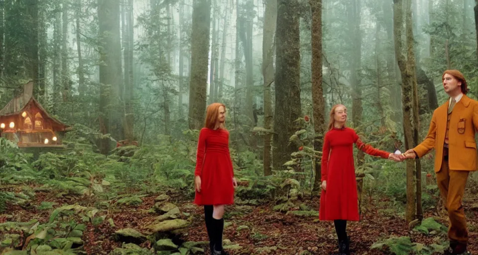 Image similar to Enchanted and magic forest, by Wes Anderson,