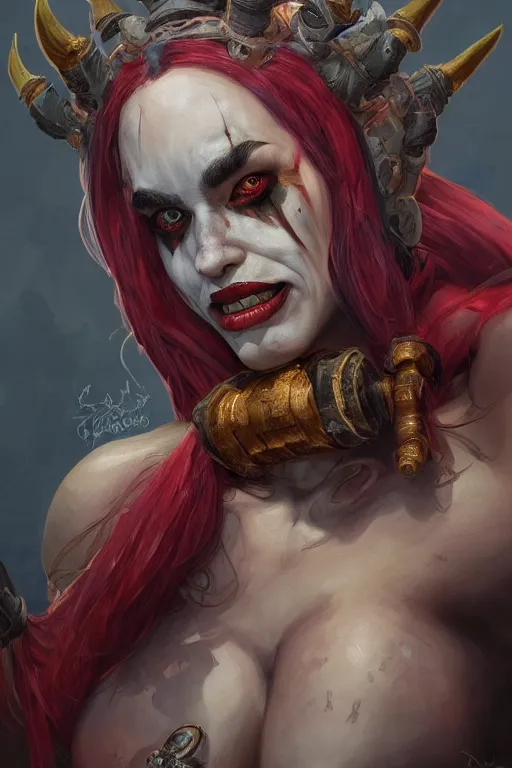 Image similar to portrait of harley quinn as a hulking herculean demon orc bugbear clown queen, forest, godlike, upper body, fantasy, intricate, elegant, highly detailed, digital painting, artstation, concept art, sharp focus, illustration, art by artgerm and greg rutkowski and alphonse mucha