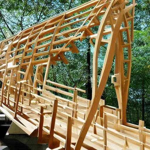 Image similar to extremely complicated wooden frame bridge designed by sou fujimoto
