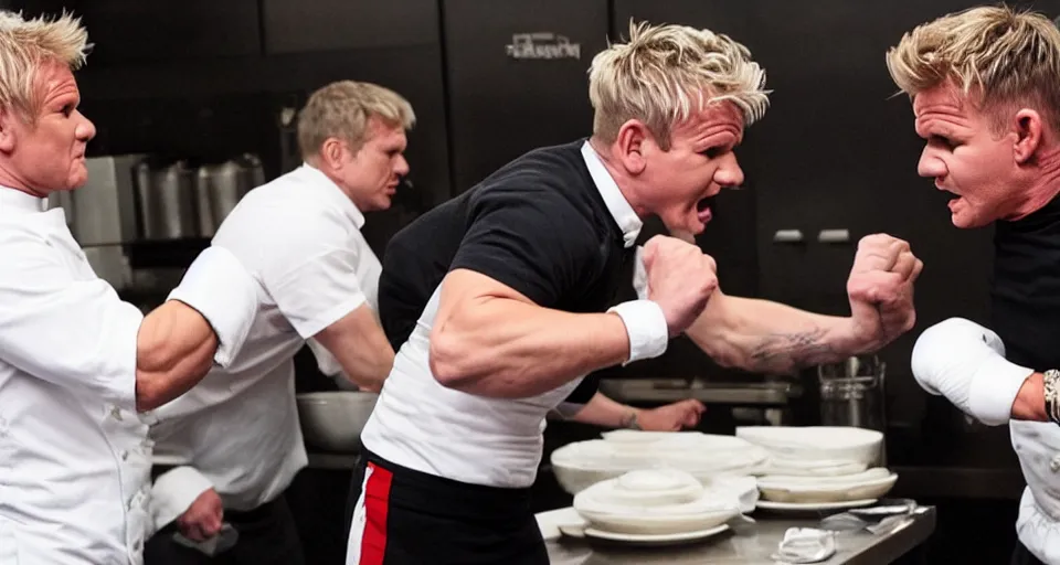 Image similar to photo of angry furious Gordon Ramsay punching Gordon Ramsay at the kitchen