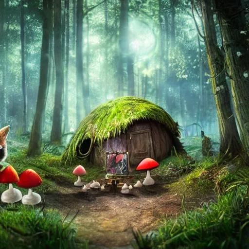 Image similar to A hyper real comic book style portait painting of an enchanted forest with toadstools and a forest hut. Soap bubbles in the air. A fox is watching, unreal 5, hyperrealistic, octane render, cosplay, RPG portrait, dynamic lighting