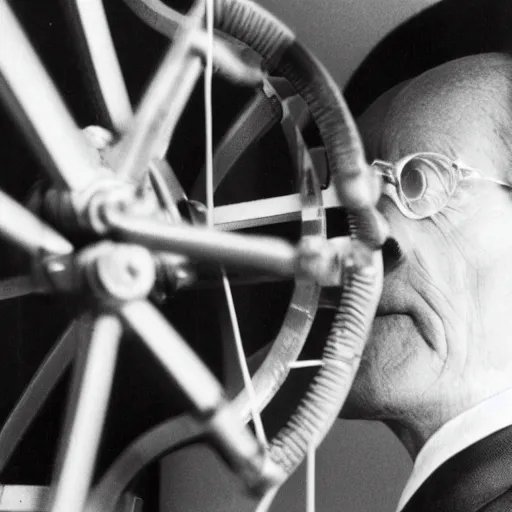 Image similar to close-up portrait of Marcel Duchamp working on a futuristic machine, long exposure, minimal composition, packshot, archival pigment print