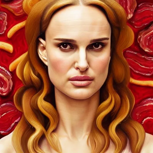 Image similar to Natalie Portman eats a baconator, portrait by Sandro Botticelli, sci-fi, amber eyes, beautiful face, appealing long hair, fantasy, Wendy's Baconator, BBQ Sauce, intricate, elegant, highly detailed, digital painting, artstation, concept art, smooth, sharp focus, oil painted illustration by Sandro Botticelli