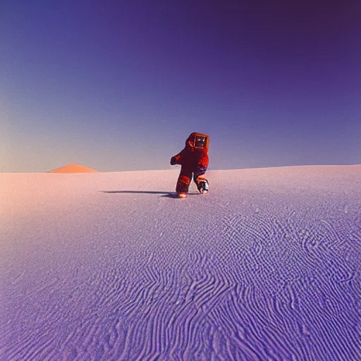 Prompt: A long shot of An astronaut snowboarding on Marsian sand dunes, at sunset, with wide angle lens, 15 mm, Kodachrome