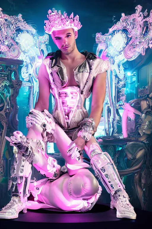 Image similar to full-body rococo and cyberpunk style neon statue of a muscular attractive Liam Payne macho dotado e rico android sim roupa reclining con las piernas abertas e la piroca dura, glowing white laser eyes, prince crown of pink gears, diamonds, swirling silver-colored silk fabric. futuristic elements. full-length view. space robots. human skulls. intricate artwork by caravaggio. Trending on artstation, octane render, cinematic lighting from the right, hyper realism, octane render, 8k, depth of field, 3D