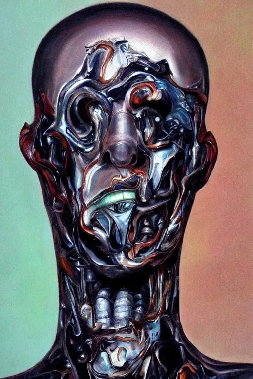 Image similar to oil painting, close-up, hight detailed, melting cyborg had half his face cut off, in style of 80s sci-fi art, neodada