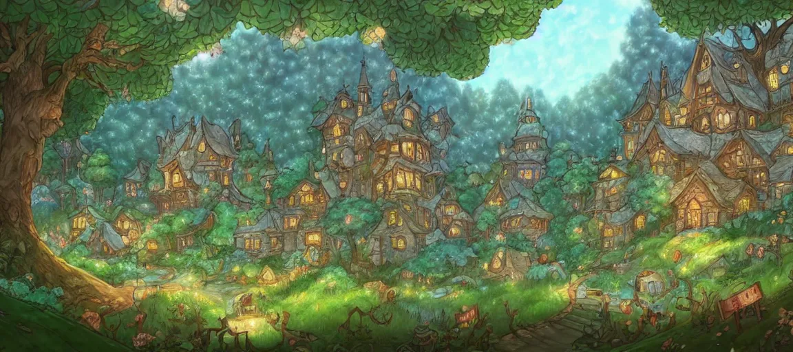 Image similar to Beautiful detailed high quality illustration of an enchanted magical village, beautiful forest on background::art by Ghibli Studio, League of Legends, Arcane, Wild Rift, trending on artstation