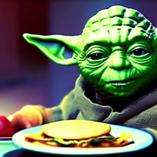 Image similar to A still of Yoda eating arepas, 4k, photograph, ultra realistic, highly detailed, professional lighting