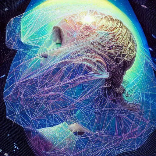 Image similar to beautiful portrait of elation, intelligence, spatial space deformation in latent space, math art, astral plane, key light, by artgerm and dan mumford and gustave dore