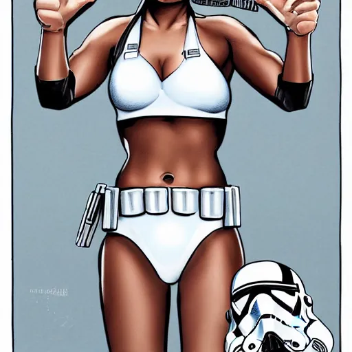 Image similar to female stormtrooper with stormtrooper - helmet in white bikini, bending over, tattoos of star wars symbols, color halftone pattern