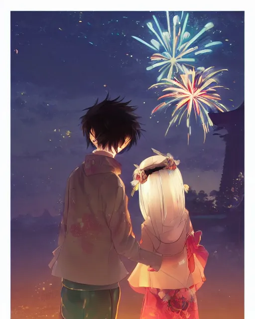 Image similar to beautiful anime painting of a boy and a girl from behind at a shinto shrine looking up at the night sky illuminated by colorful new years fireworks, by WLOP and Slawek Fedorczuk and rossdraws, trending on artstation, concept art