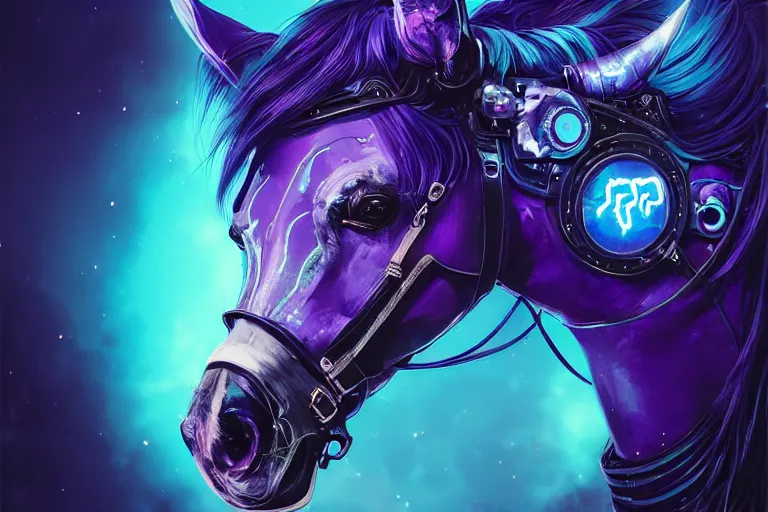 Image similar to a beautiful portrait of a cute cyberpunk horse with bioluminescent mane by sandra chevrier and greg rutkowski and wlop, purple blue color scheme, vaporware, retro, outrun, high key lighting, volumetric light, digital art, highly detailed, fine detail, intricate, ornate, complex, octane render, unreal engine, photorealistic