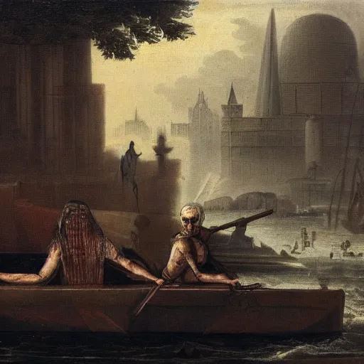 Prompt: charon on one end of a reaper boat and a london banker sitting on the other end on the river styxx with submerged buildings in the backround