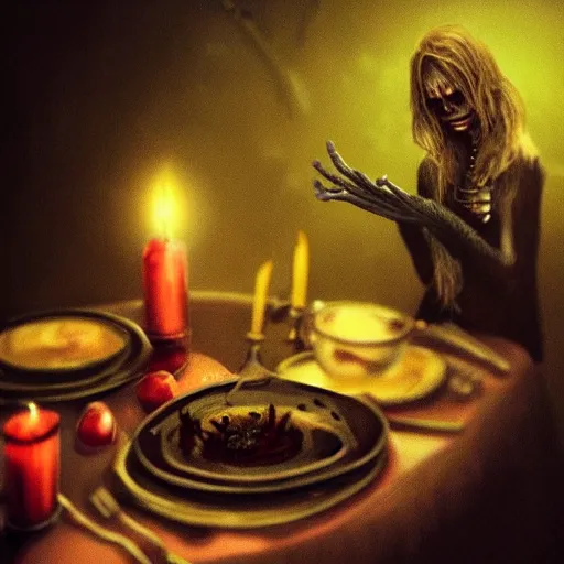 Prompt: “an 8k hi definition super detailed photorealistic picture of a vampire in a dungeon setting sitting at a banquet table full of plates of rats and spiders with red candles”