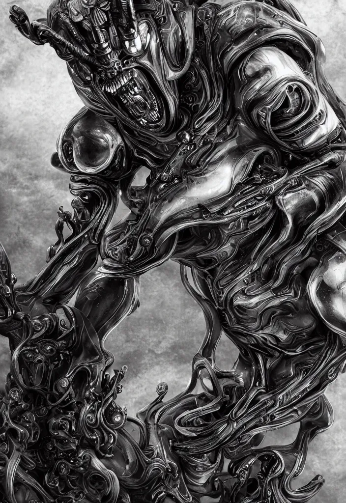 Image similar to engineer prometheus, xenomorph alien, highly detailed, symmetrical long head, smooth marble surfaces, detailed ink illustration, raiden metal gear, cinematic smooth stone, deep aesthetic, concept art, post process, 4k, carved marble texture and silk cloth, latex skin, highly ornate intricate details, prometheus, evil, moody lighting, hr geiger, hayao miyazaki, indsutrial Steampunk