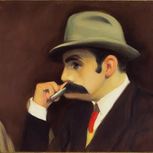 Image similar to a brown haired man with a mustache staring deeply at camera, edward hopper,