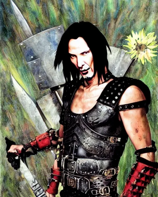 Image similar to portrait of a skinny punk goth keanu reeves wearing armor by simon bisley, john blance, frank frazetta, fantasy, thief warrior, colorful flowers floral