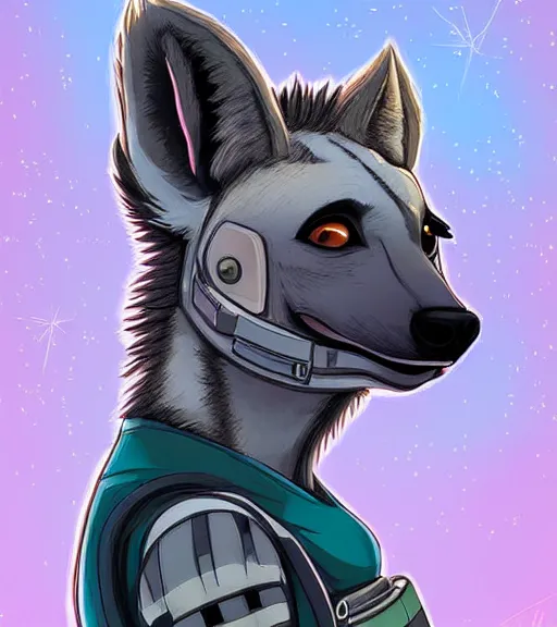 Image similar to digital detailed art of furry female hyena, in style of zootopia, fursona, furry, furaffinity, deviantart, wearing astronaut outfit, floating in space, space background, hyena fursona, cyberpunk, detailed face, style of artgerm,