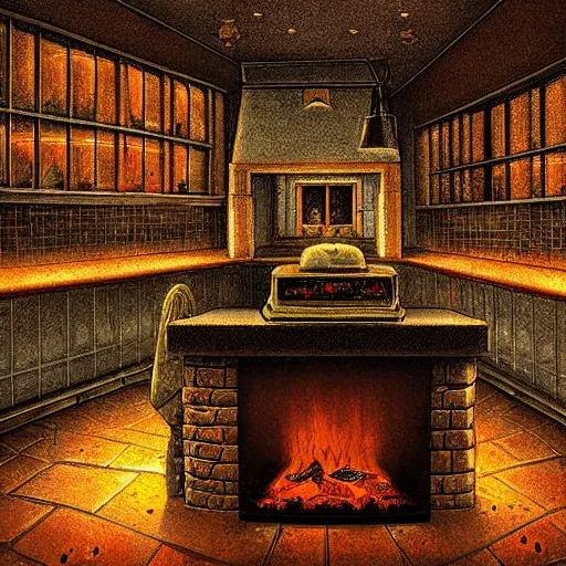 Prompt: interior of a backroom in a dark butcher shop lit by an eerie fireplace, dark fantasy, night, by michael whelan, digital art