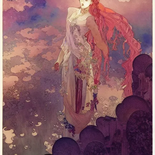Prompt: a beautiful intricate watercolor illustration of a heavenly palace in the sky 4 k, ultra - wide angle, by william turner, by victo ngai, by alphonse mucha, by miho hirano, hd, trending on artstation, hyper detailed, muted colors