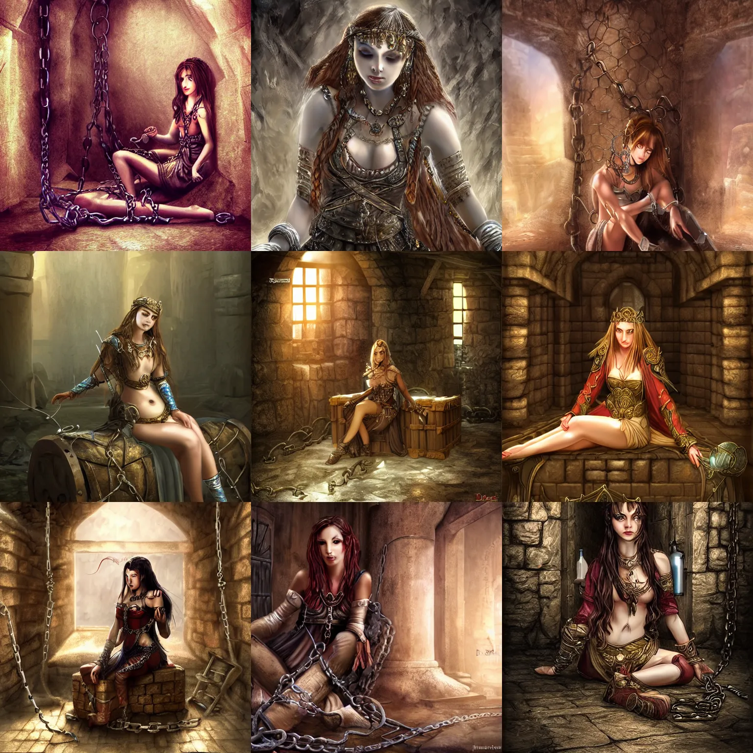 Prompt: beautiful girl as classical damzel in distress sitting in dungeon in chains, bottle near, dnd fantasy digital art, high detail, realistic