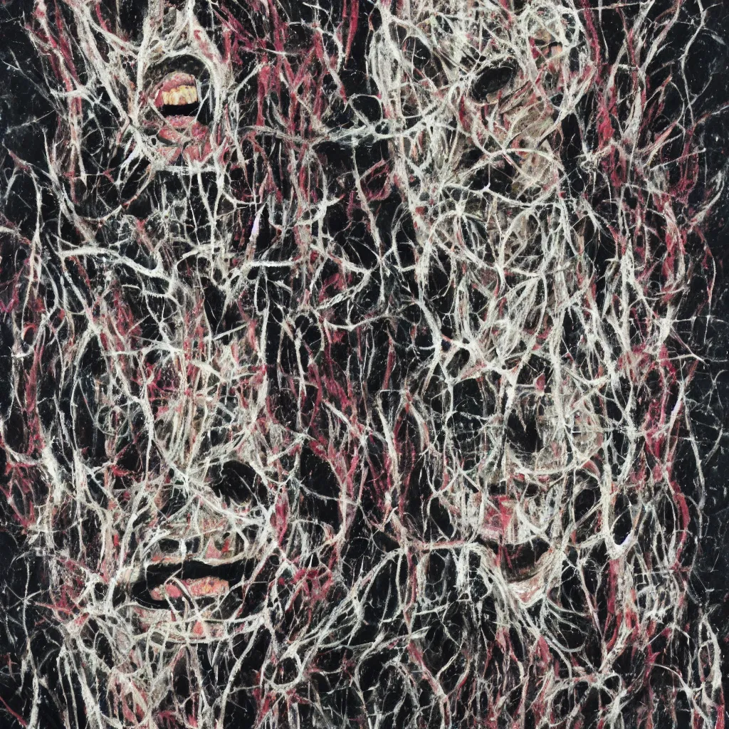 Image similar to camo made of teeth, smiling, abstract, francis bacon artwork, cryptic, dots, spots, stipple, lines, splotch, color tearing, pitch bending, faceless people, dark, ominious, eerie, hearts, minimal, points, technical, old painting