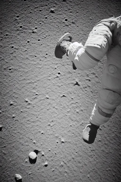 Prompt: afull body photography of an astronaut on the surface of the moon, bottom - view, focus on his foot, photography, photo - shot, shooting, cinematic lighting, 8 k