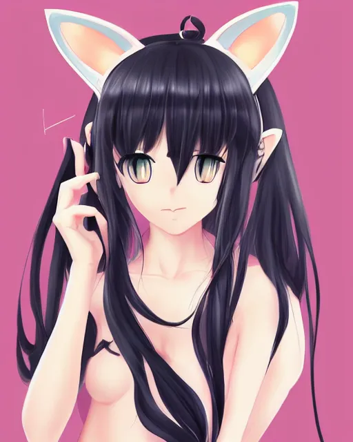 Prompt: catgirl goddess anime girl with cat ears. Full body portrait, smooth skin, symmetrical face, beautiful body, in the style of wlop, Rossdraws