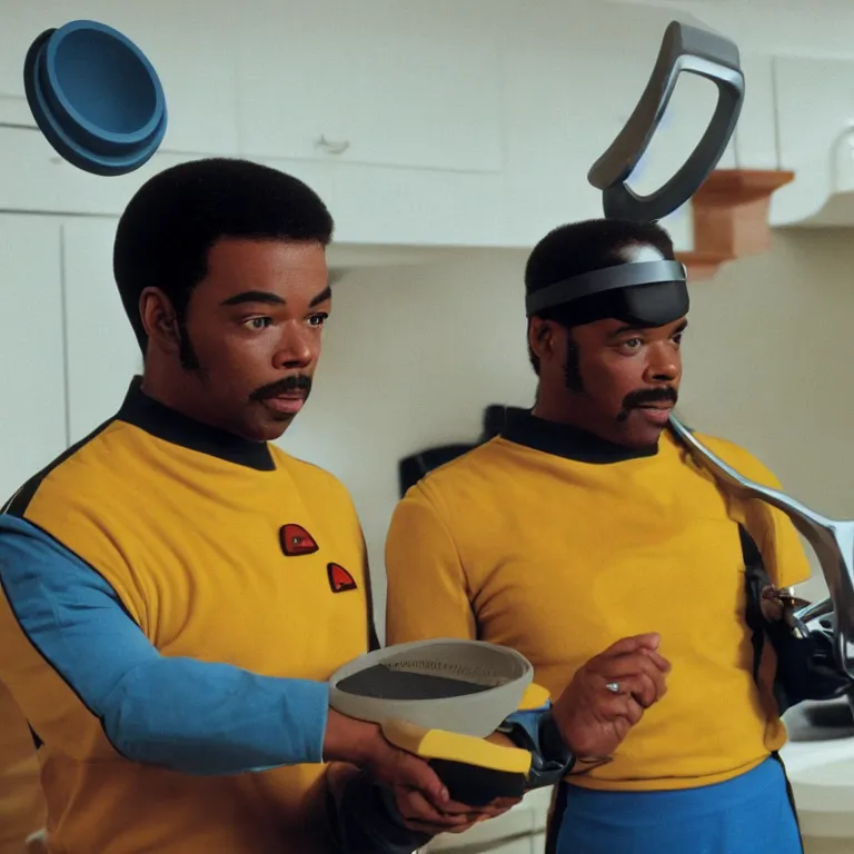 Prompt: geordi laforge wearing visor and a frisbee and random kitchen tools on his head